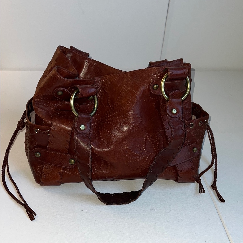 VINTAGE Y2K KOOBA SIENNA BROWN LEATHER WHIPSTITCH WESTERN Floral BAG Purse
